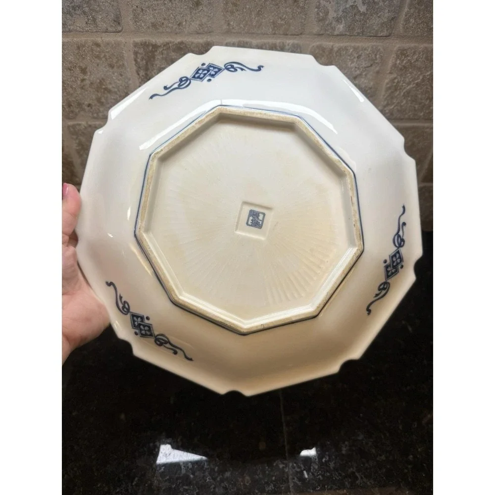 Vintage Blue & White Chinoiserie Japanese 9 Sided‎ Porcelain Platter 12